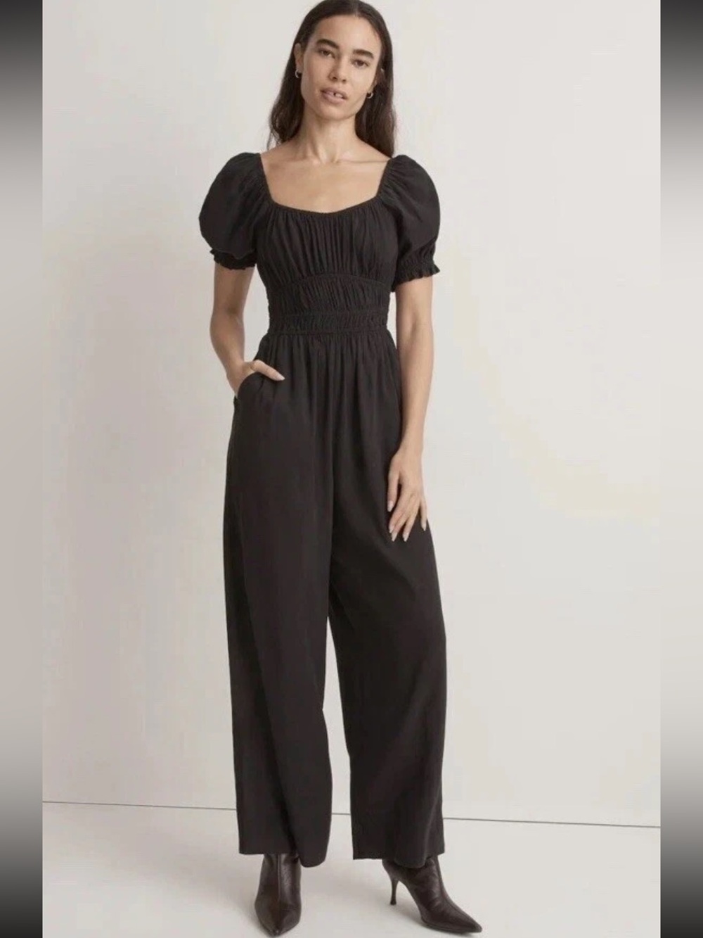 Madewell The Sophia Scoop Neck‎ Ruched Black Jumpsuit XS